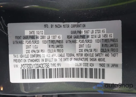 2013 Mazda Cx-9 Grand Touring z USA, uszkodzony, nr VIN JM3TB3DV1D0400788